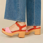 Red and pink wedge with wooden block heel model