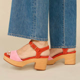 Red and pink wedge with wooden block heel model