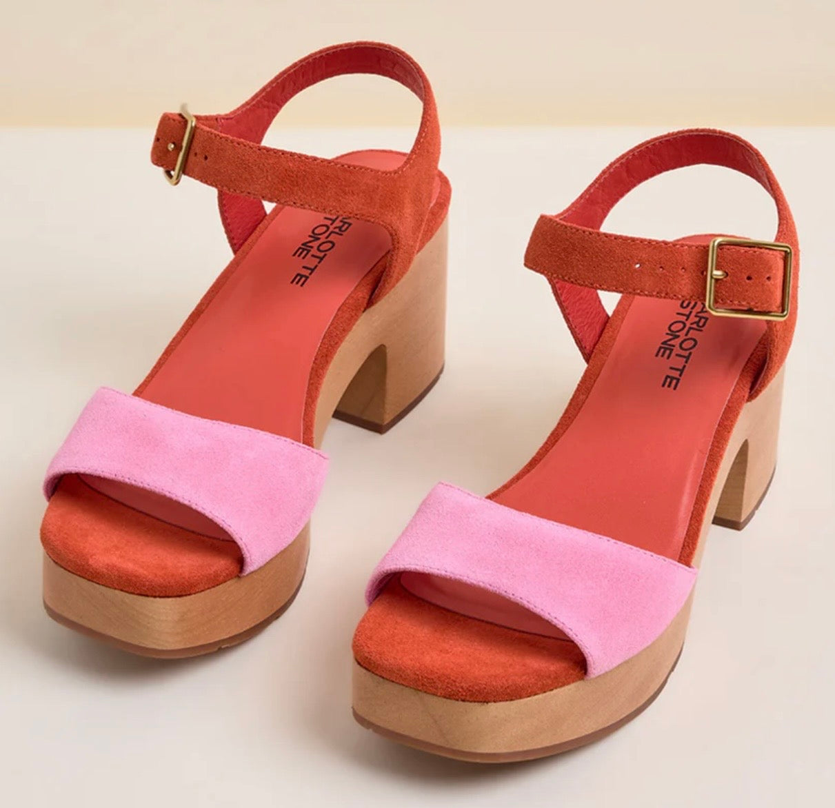 Red and pink wedge with wooden block heel pair