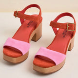 Red and pink wedge with wooden block heel pair