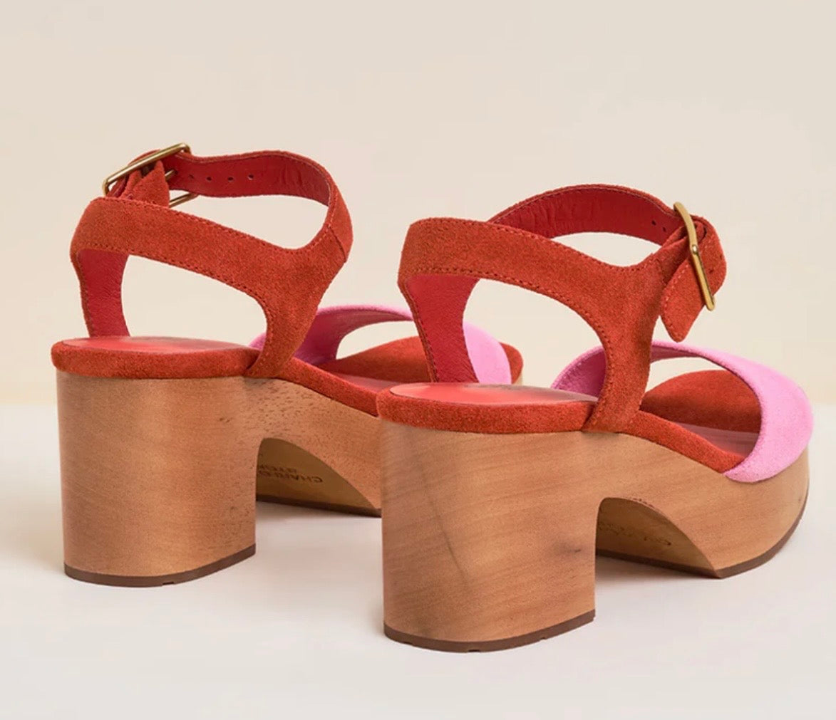 Red and pink wedge with wooden block heel pair heel