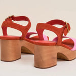 Red and pink wedge with wooden block heel pair heel