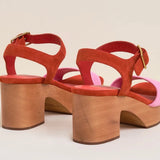 Red and pink wedge with wooden block heel pair heel