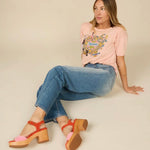 Red and pink wedge with wooden block heel model 3