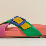 Colorful sandal with a peach/blue buckle 