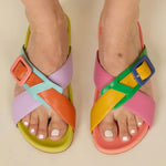 Colorful sandal with a peach/blue buckle pair