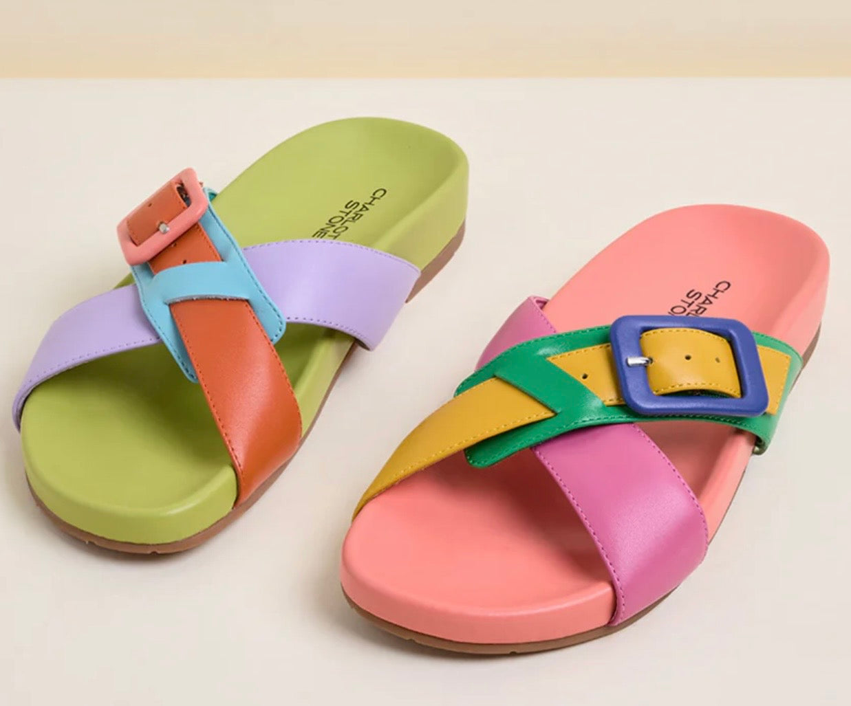 Colorful sandal with a peach/blue buckle 2