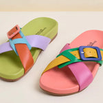 Colorful sandal with a peach/blue buckle 2