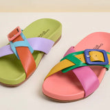 Colorful sandal with a peach/blue buckle 2