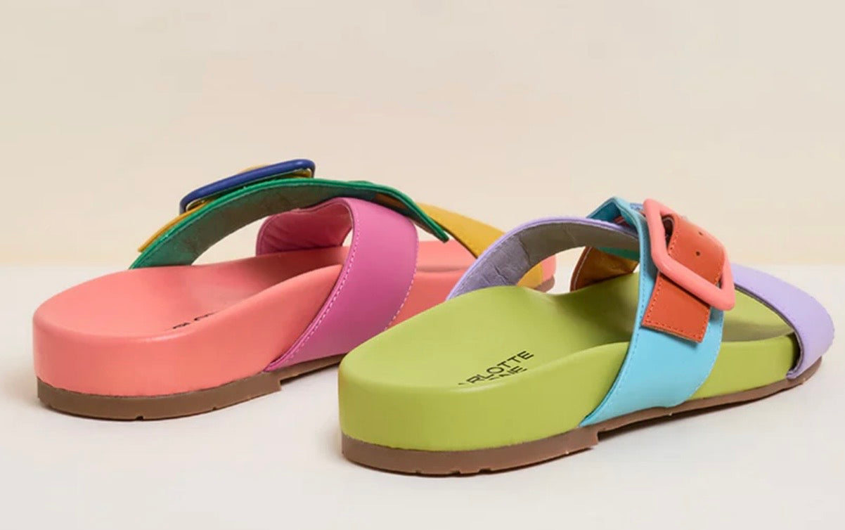 Colorful sandal with a peach/blue buckle heel