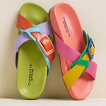 Colorful sandal with a peach buckle top