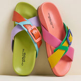 Colorful sandal with a peach buckle top