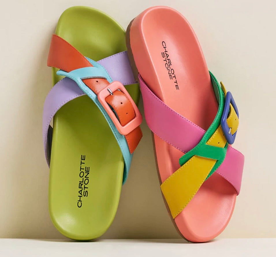 Colorful sandal with a peach buckle top