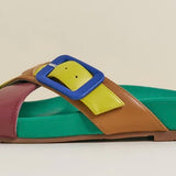 Colorful sandal with a blue buckle 