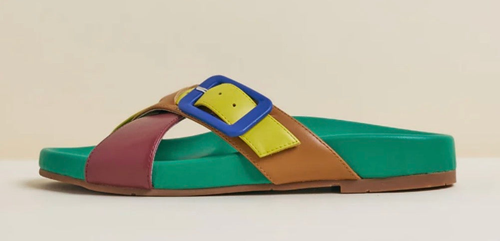 Colorful sandal with a blue buckle 