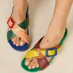 Colorful sandal with a red/blue buckle pair model 