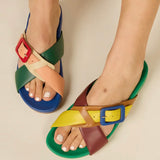 Colorful sandal with a red/blue buckle pair model 