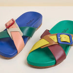 Colorful sandal with a red/blue buckle pair