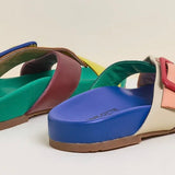 Colorful sandal with a red/blue buckle pair heel
