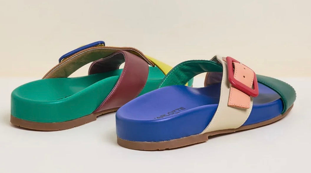 Colorful sandal with a red/blue buckle pair heel