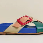 Colorful sandal with a red buckle close-up