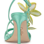 Mint green high-heeled heel with yellow floral decorations heel