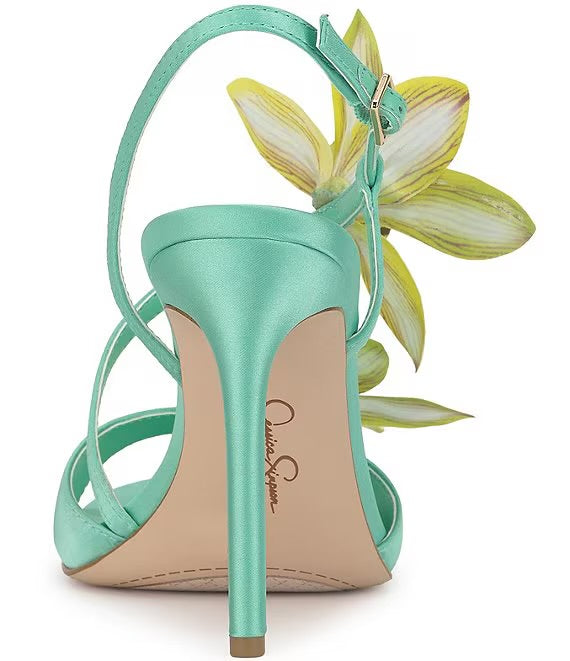 Mint green high-heeled heel with yellow floral decorations heel