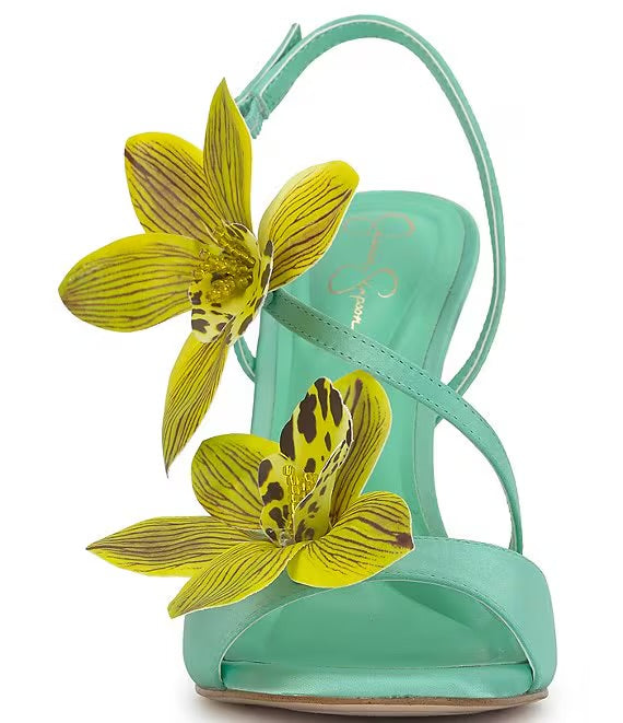 Mint green high-heeled heel with yellow floral decorations front