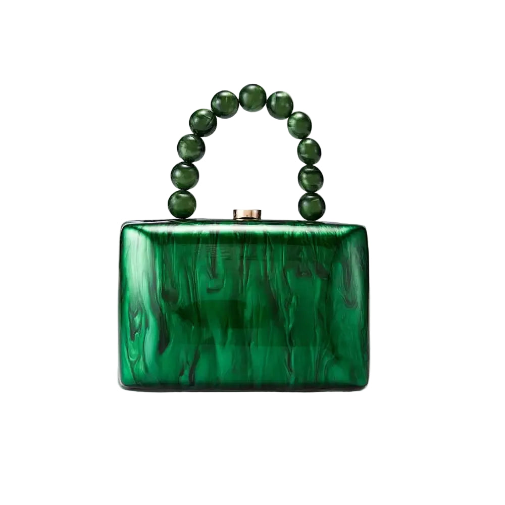 Green marbled handbag with beaded handle on a white background