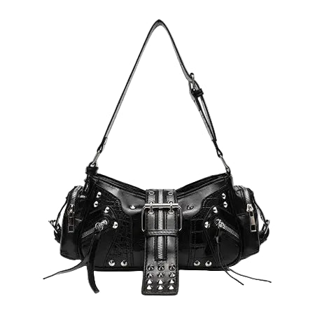 A black studded leather shoulder bag with multiple zippers, a long shoulder strap, and a decorative front strap detail with silver studs and buckles