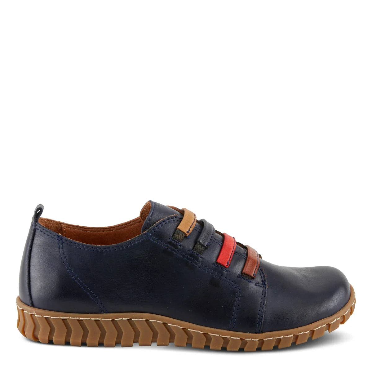 A black leather lace-up shoe with brown and red strap accents, a brown sole, and a heel pull tab, shown from a side profile on a white background.