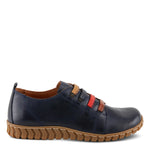 A black leather lace-up shoe with brown and red strap accents, a brown sole, and a heel pull tab, shown from a side profile on a white background.