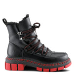 A black faux-leather lace-up winter boot with a red sole, red stitching, and red laces, featuring a faux-fur lining at the collar and silver metal eyelets.