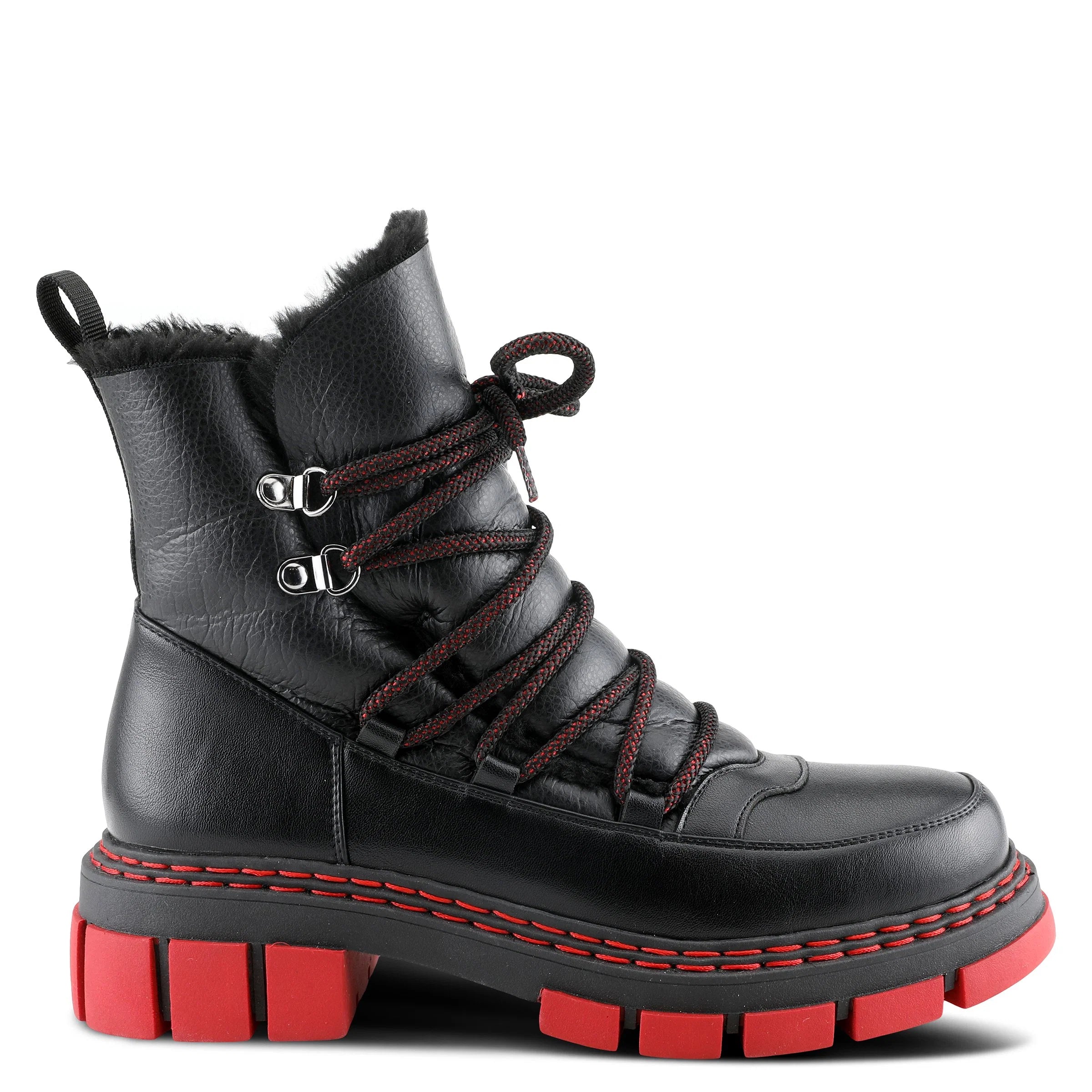 A black faux-leather lace-up winter boot with a red sole, red stitching, and red laces, featuring a faux-fur lining at the collar and silver metal eyelets.