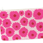 Colorful beaded pouch with pink floral pattern close-up