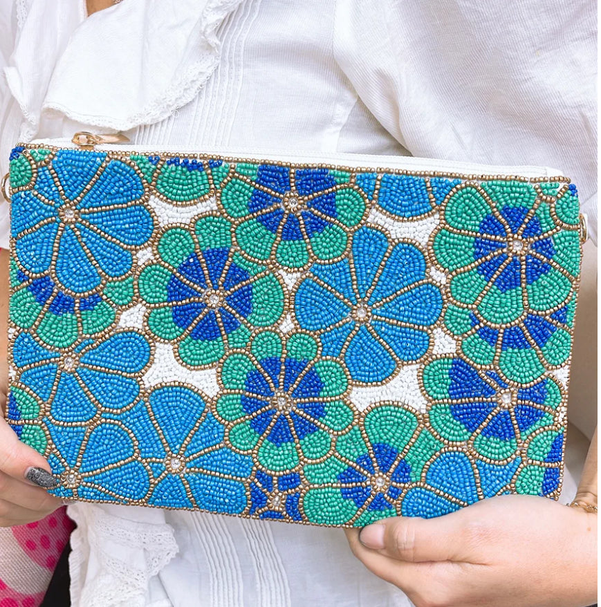 Colorful blue and green beaded flower handbag 