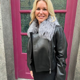 Leather Biker Jacket with Fox Collar