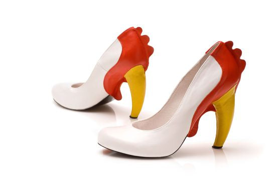 Chicken inspired high heel shoe in cream, red, and yellow. Handcrafted limited edition shoe side by side pair.