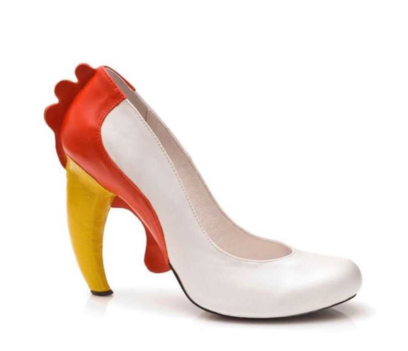 Chicken inspired high heel shoe in cream, red, and yellow. Handcrafted limited edition shoe.