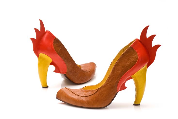 brown red and yellow rooster inspired high heel shoe. Handcrafted limited edition shoe pair side by side