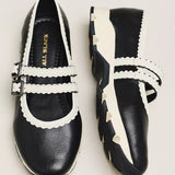 All Black Double-Scalloped Mary Jane Flats K113