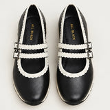 All Black Double-Scalloped Mary Jane Flats K113