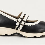 All Black Double-Scalloped Mary Jane Flats K113