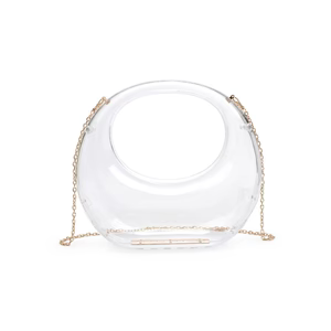 A clear acrylic evening bag with a structured shape and a gold chain strap.