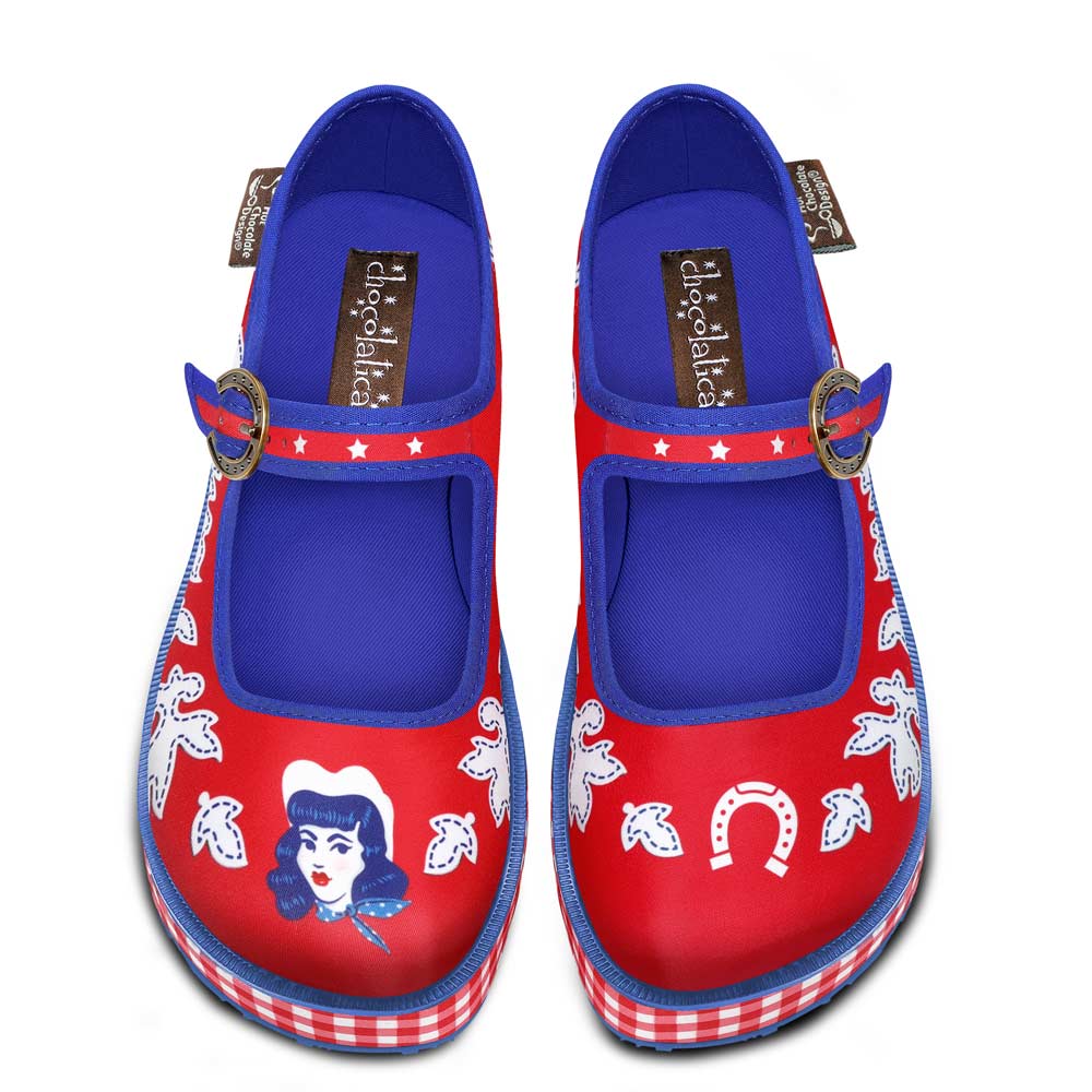 A pair of red and blue checkered Mary Jane platform shoes with a printed fabric upper and a customizable buckle strap, featuring a non-marking rubber sole top
