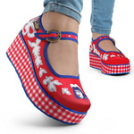 A pair of red and blue checkered Mary Jane platform shoes with a printed fabric upper and a customizable buckle strap, featuring a non-marking rubber sole model
