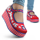 A pair of red and blue checkered Mary Jane platform shoes with a printed fabric upper and a customizable buckle strap, featuring a non-marking rubber sole model