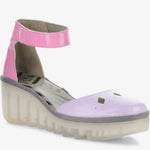 Pink and purple sandal with a transparent sole and pink ankle strap front view