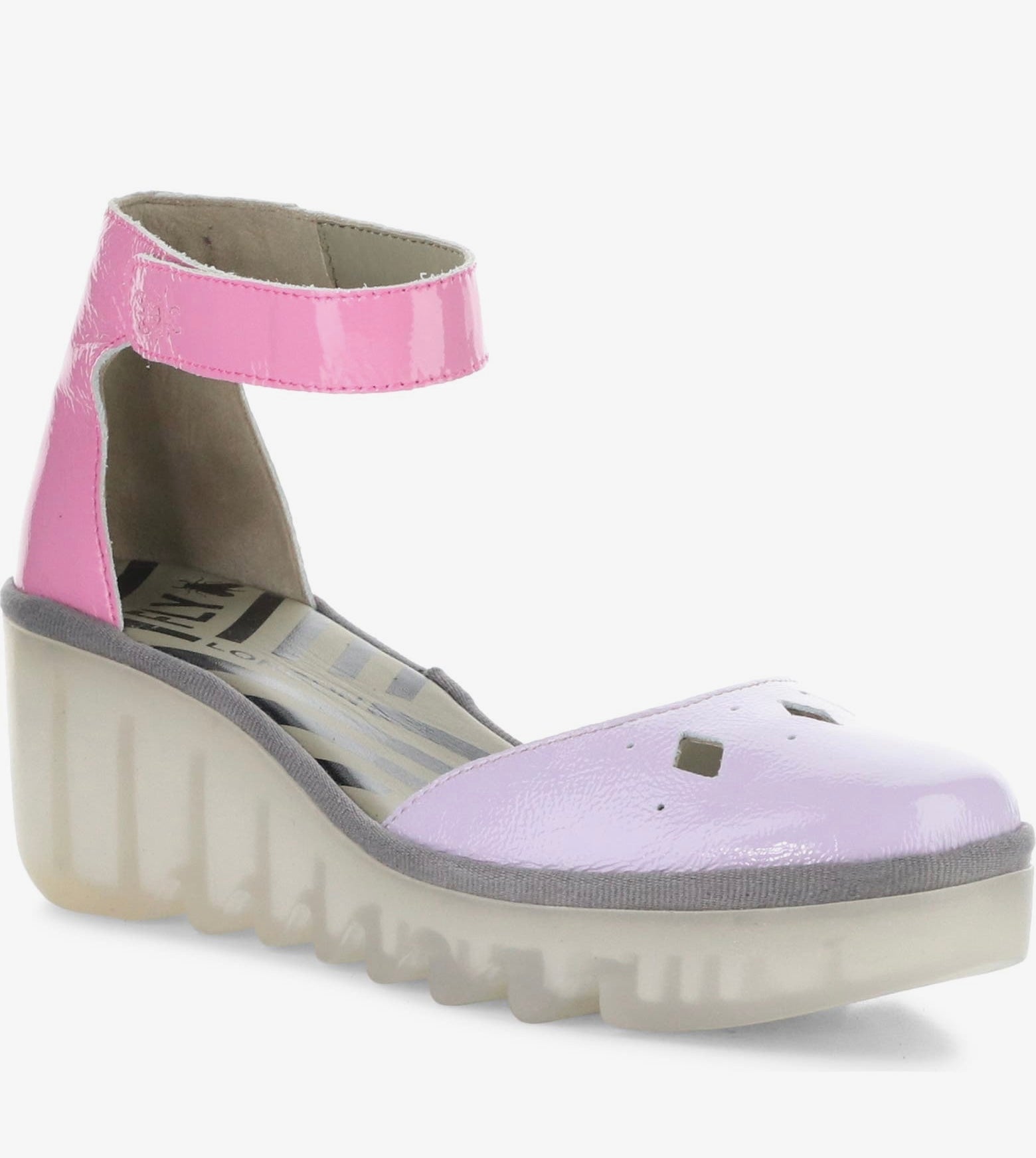 Pink and purple sandal with a transparent sole and pink ankle strap front view