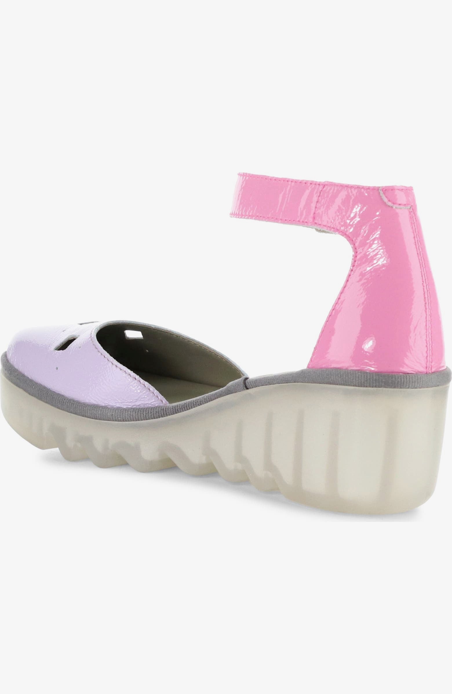 Pink and purple sandal with a transparent sole and pink ankle strap inside view